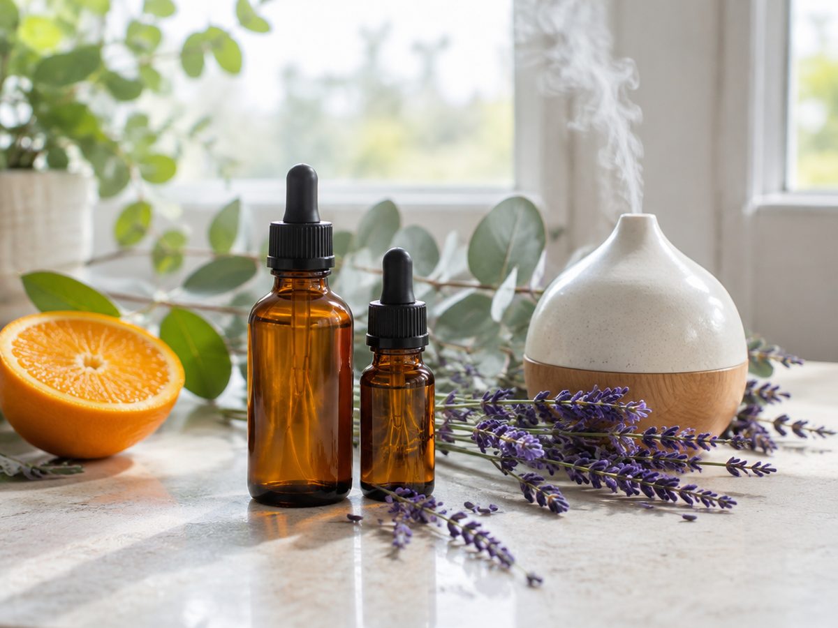 Amber essential-oil bottles, lavender, eucalyptus, orange and a ceramic diffuser by a window