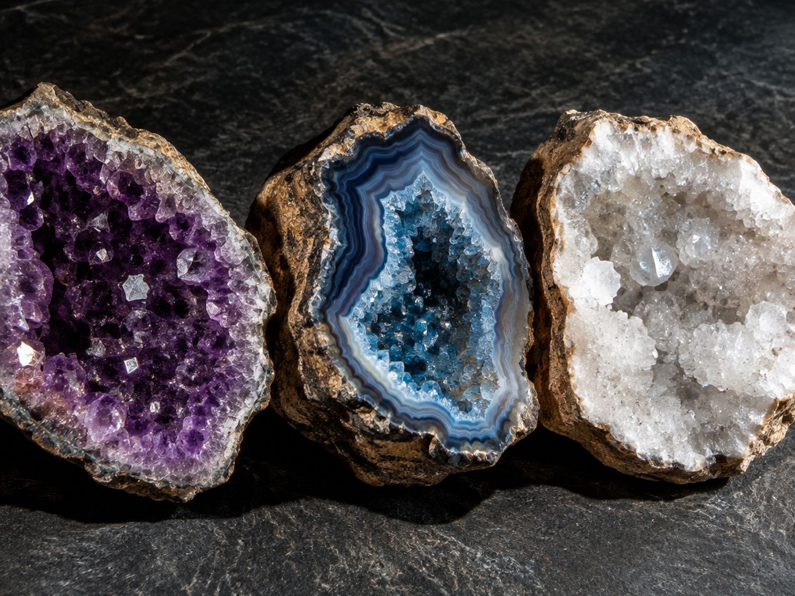 Three geodes cracked open: violet amethyst, blue-banded agate and sparkling white quartz