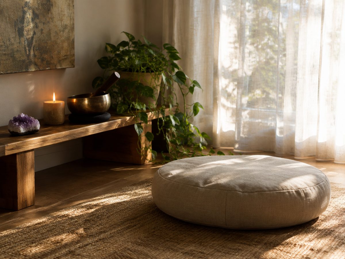 A calm meditation corner with a linen cushion, low altar, candle, amethyst and singing bowl