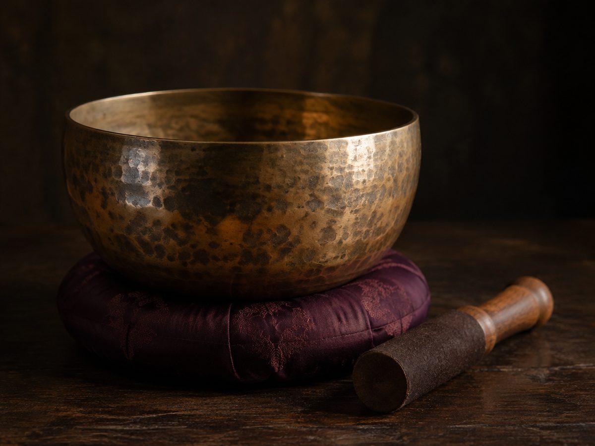 A hand-hammered bronze singing bowl on a plum silk cushion with a wooden mallet