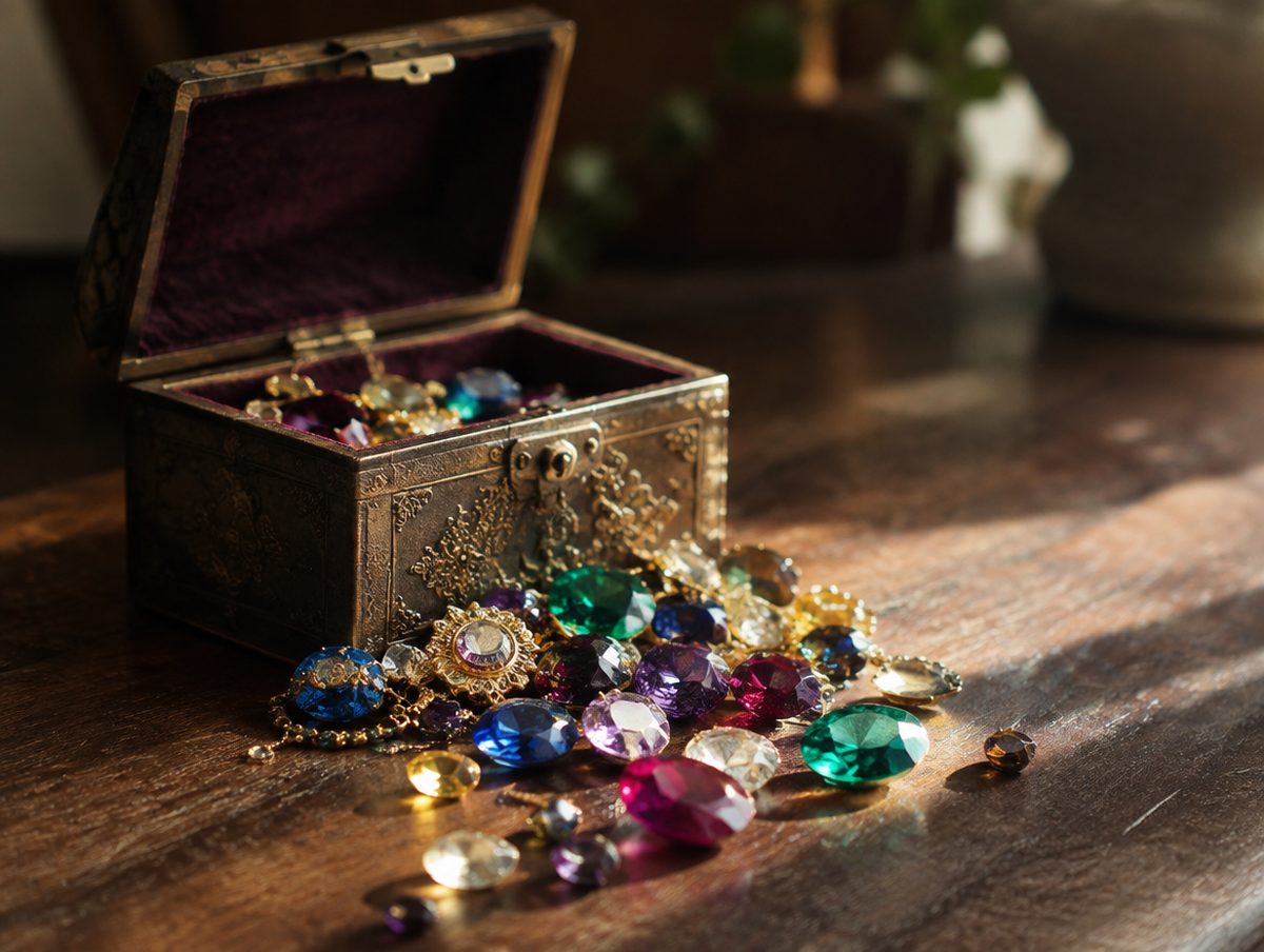 An antique jewelry box spilling colorful gemstones