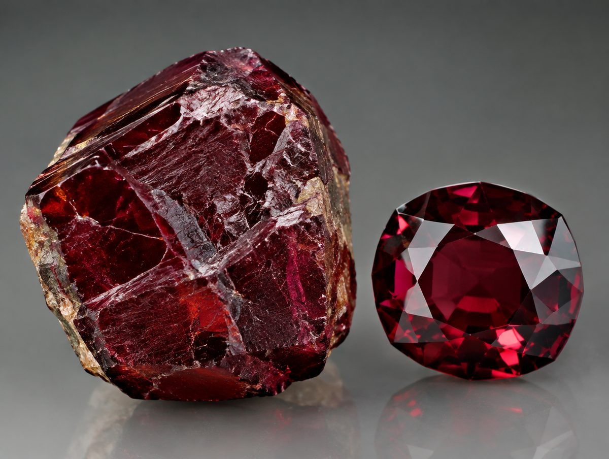 A raw garnet crystal beside a faceted garnet
