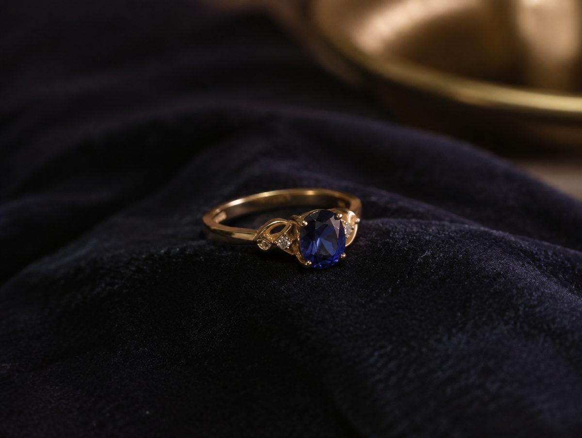 A birthstone ring on dark velvet in soft light