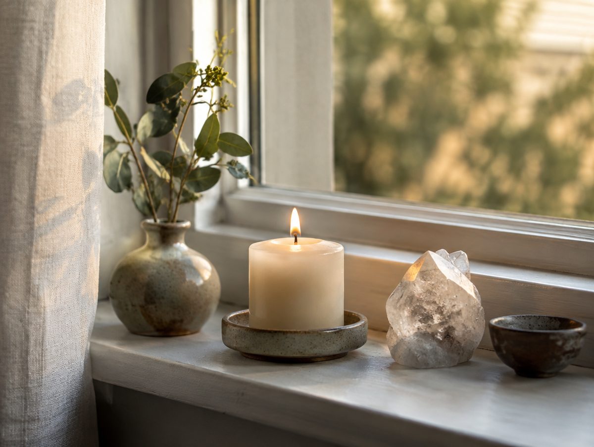 A tiny altar on a windowsill with a candle and a quartz