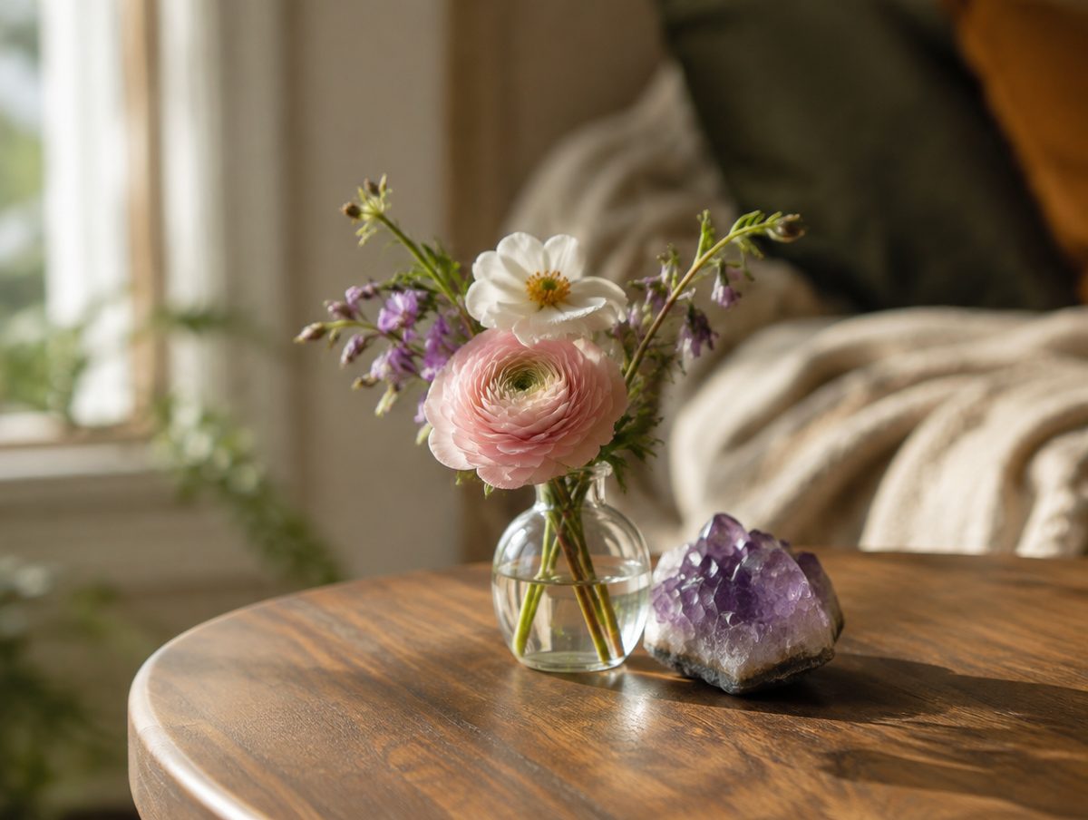 Fresh flowers in a tiny vase beside an amethyst