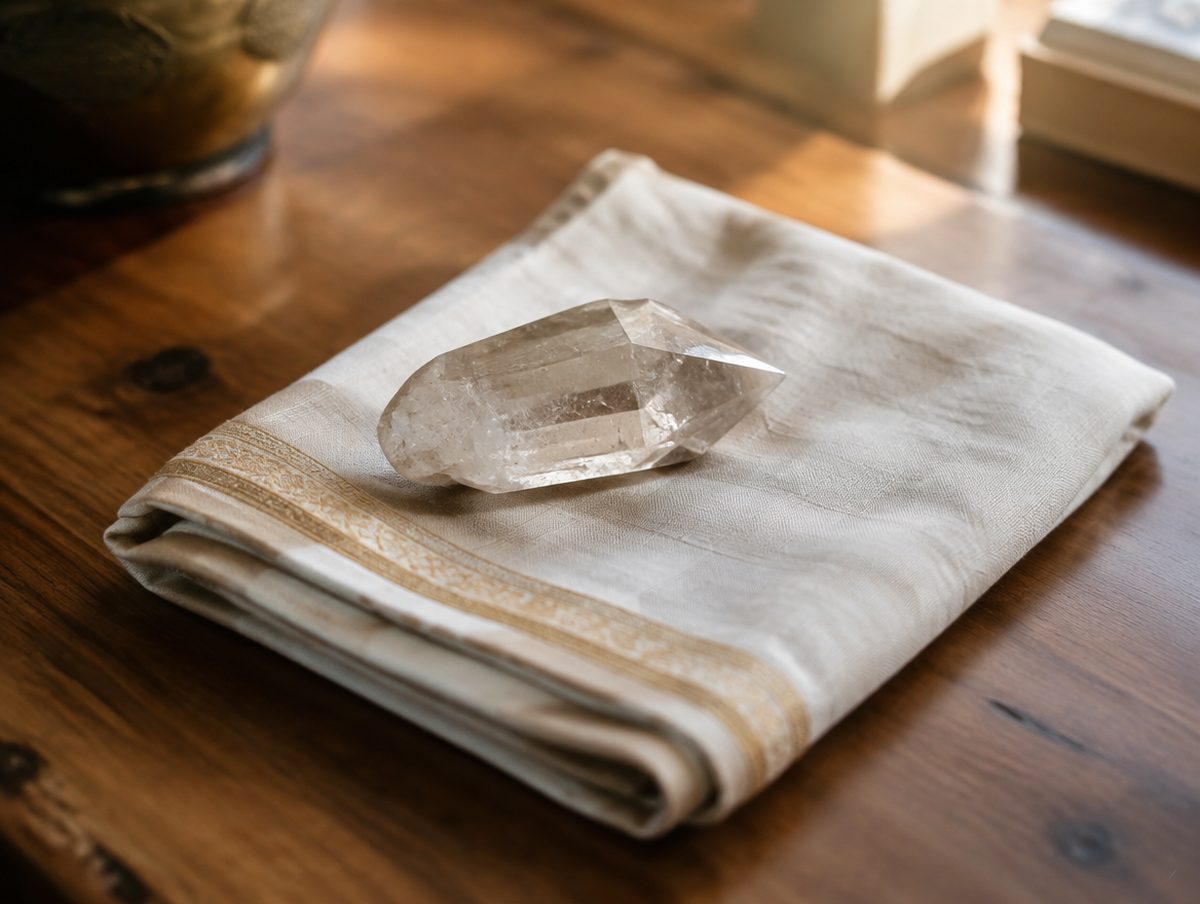 A folded altar cloth with a crystal resting on top