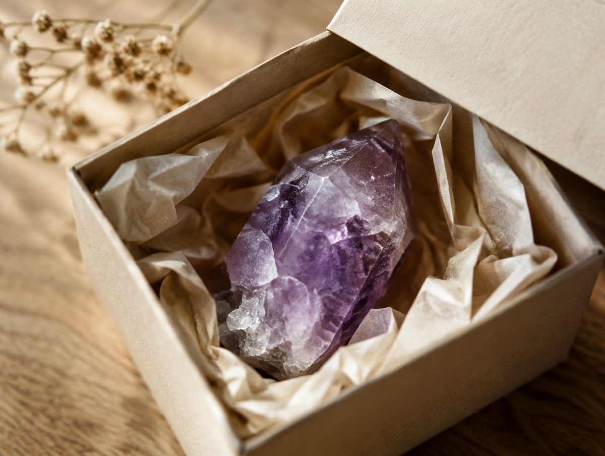 An amethyst point nestled in an open gift box