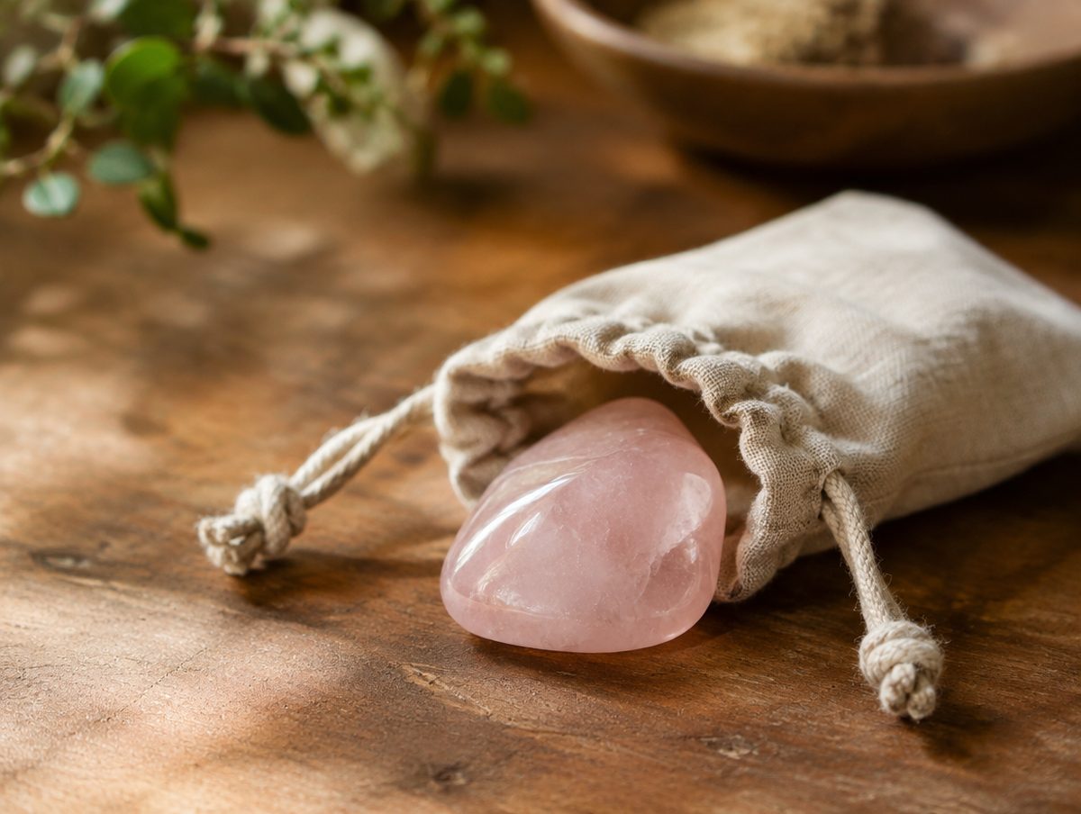 A rose quartz in a small linen drawstring pouch
