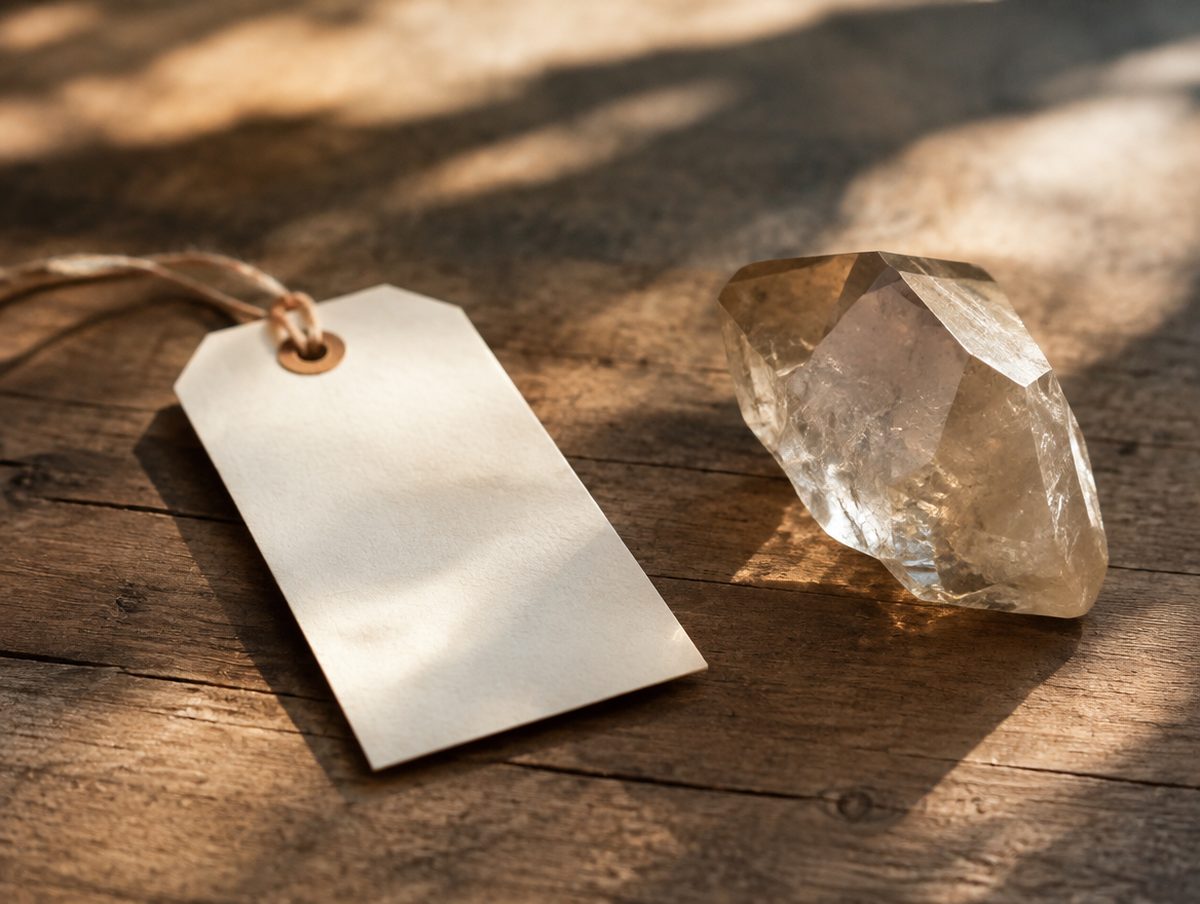 A blank handwritten-style gift tag beside a crystal