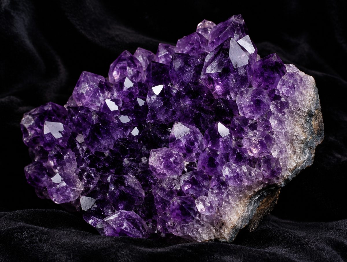 A deep violet amethyst cluster glittering on black velvet