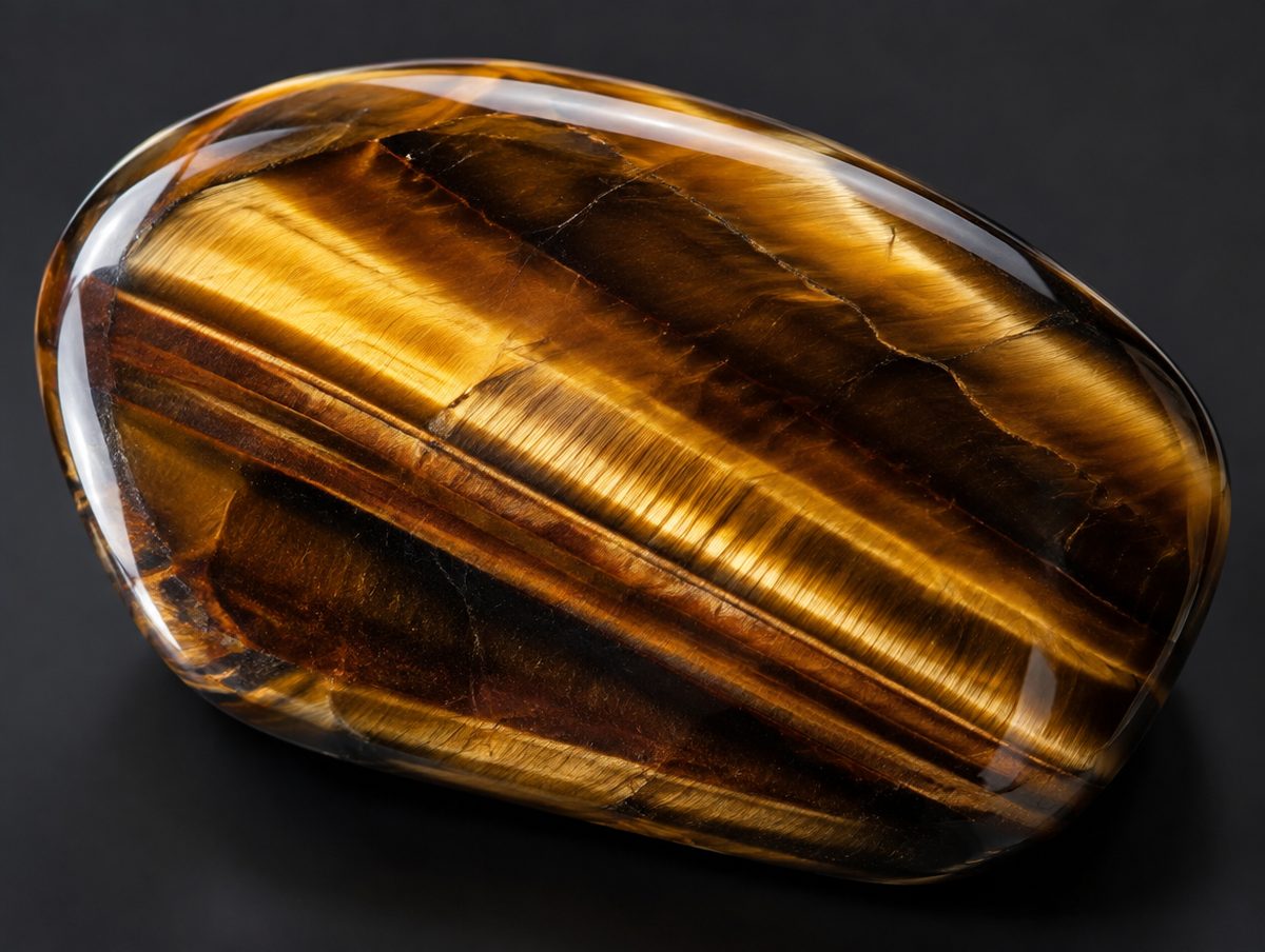 A polished tiger eye stone with golden chatoyant bands
