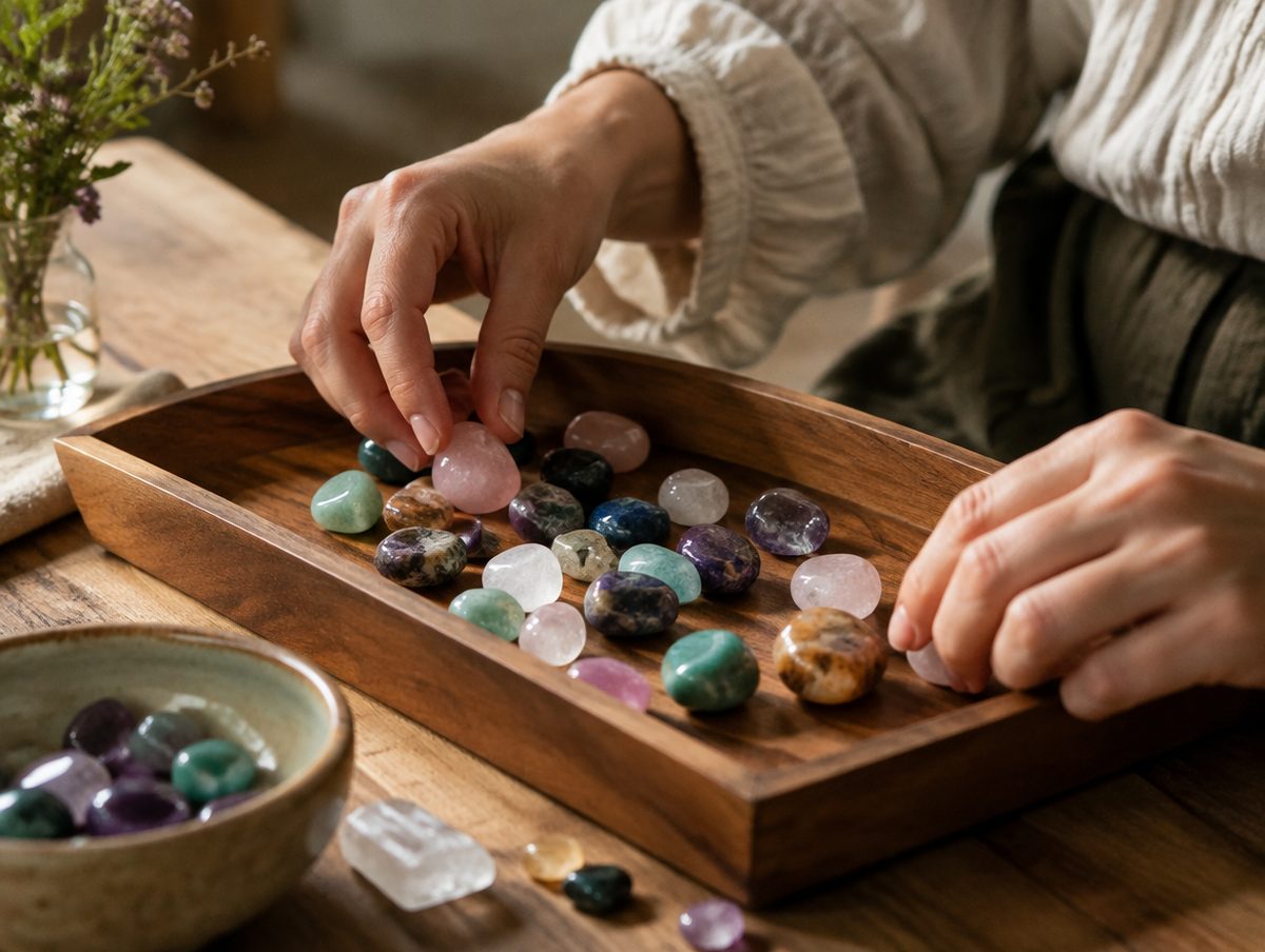 Hands sorting tumbled crystals into a wooden tray
