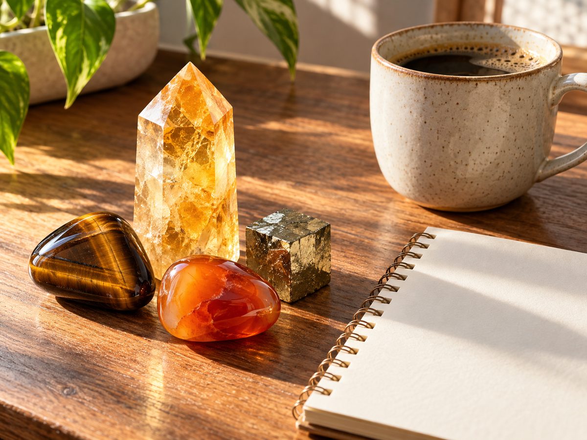 Citrine, tiger's eye, carnelian and pyrite on a sunlit desk beside a notebook