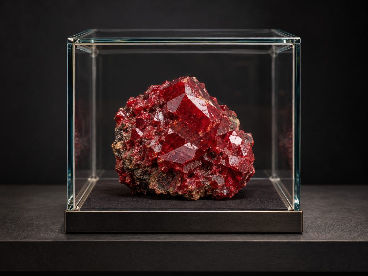 A red cinnabar specimen displayed in a closed glass case