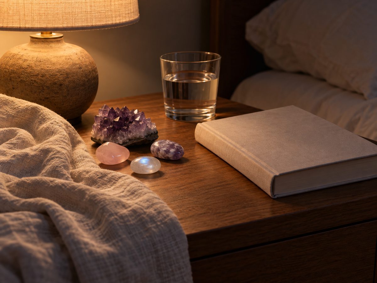 Amethyst, rose quartz, moonstone and lepidolite on a nightstand in warm lamplight