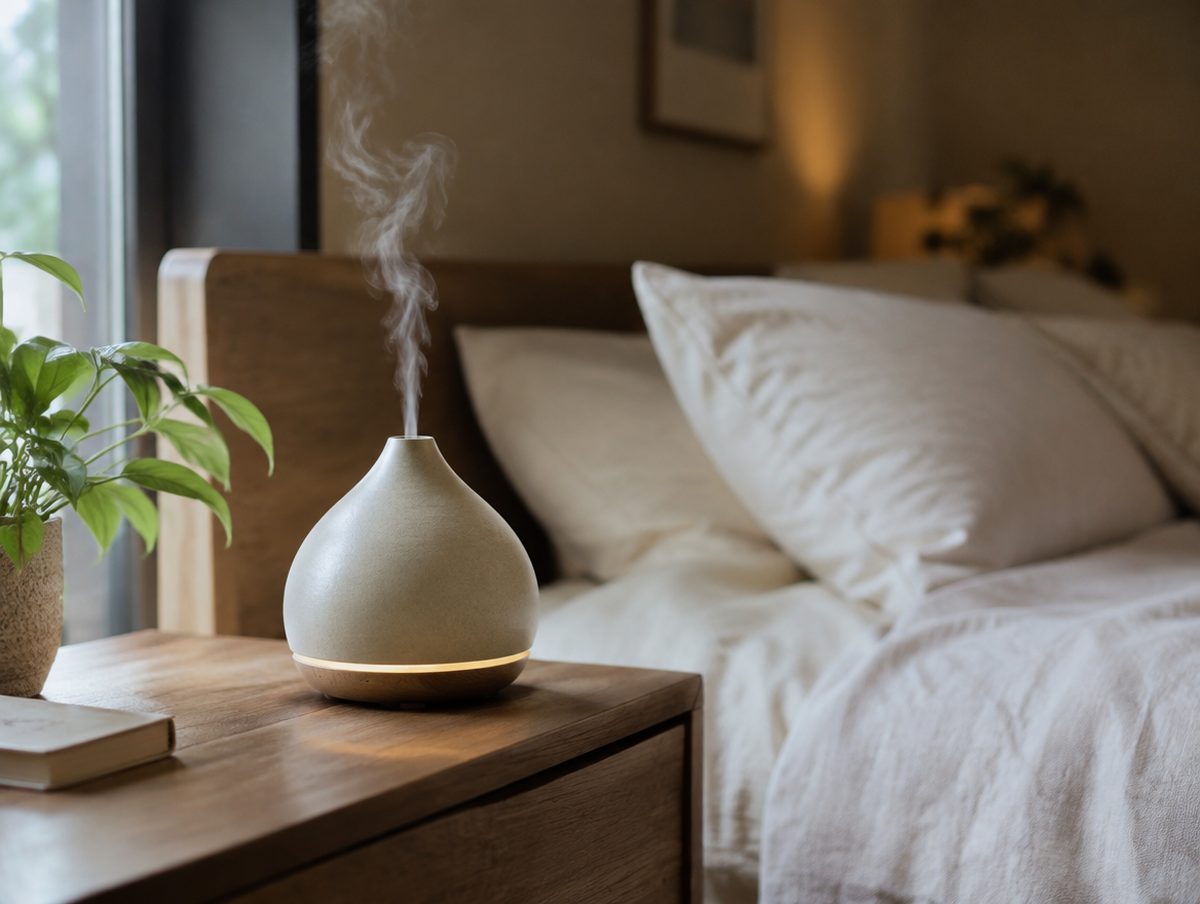A ceramic diffuser misting softly in a calm bedroom