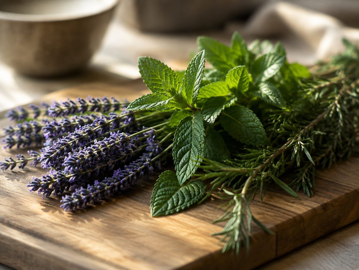 Fresh lavender, peppermint and tea tree sprigs on a cutting board