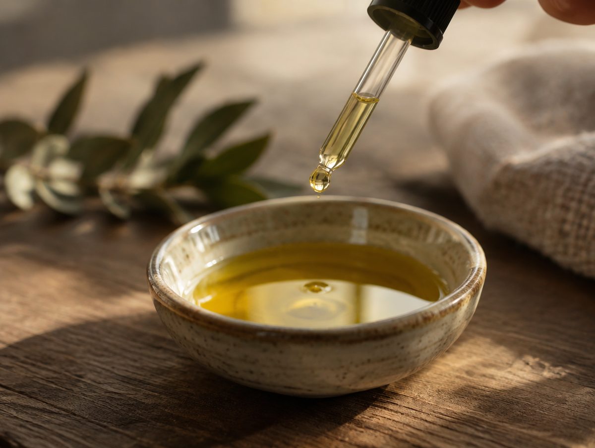 A dropper releasing a single drop of oil into a small bowl of carrier oil