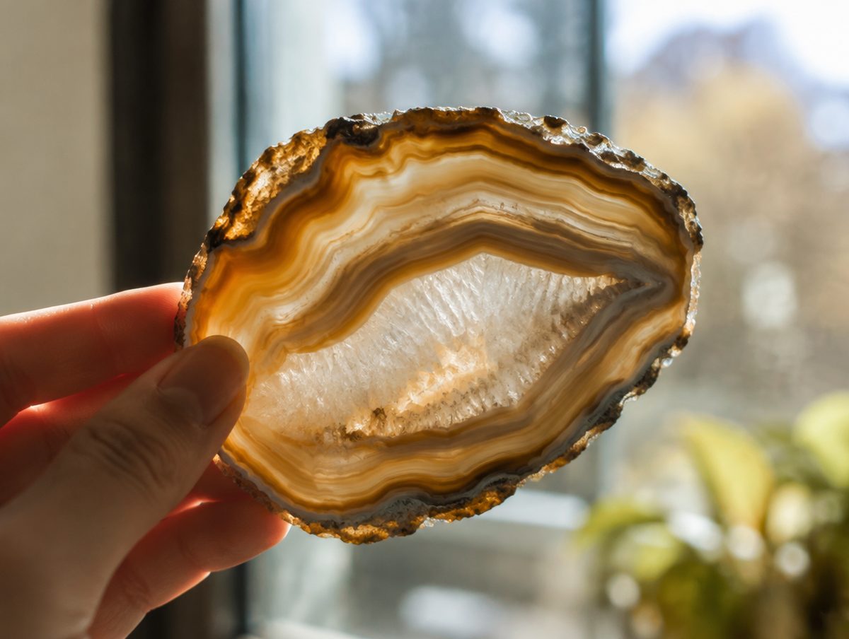 A natural agate slice held up to window light