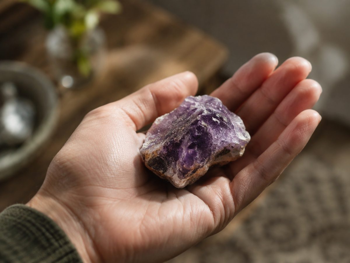 An open palm weighing a rough amethyst
