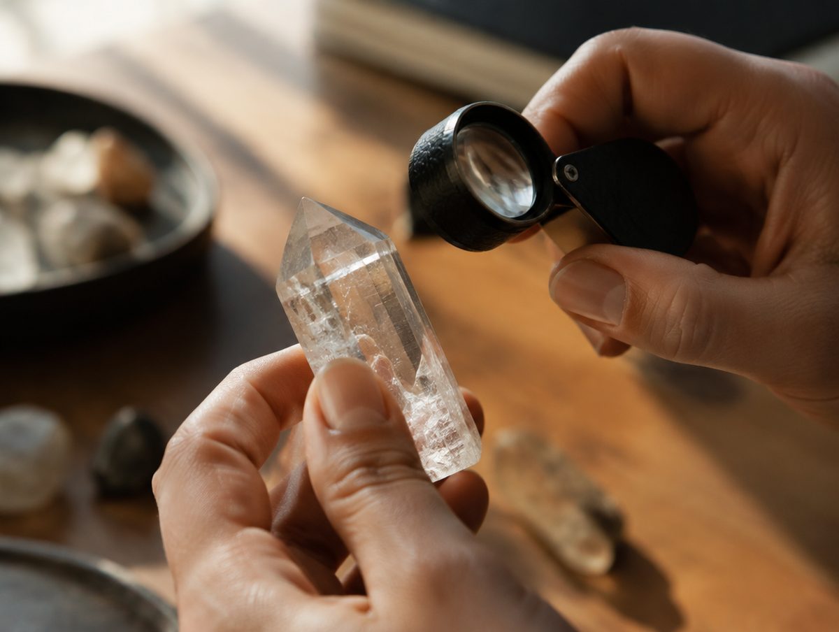 A jeweler loupe examining a clear quartz point