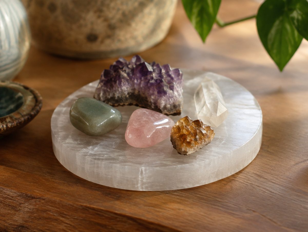 Crystals resting on a smooth selenite charging plate