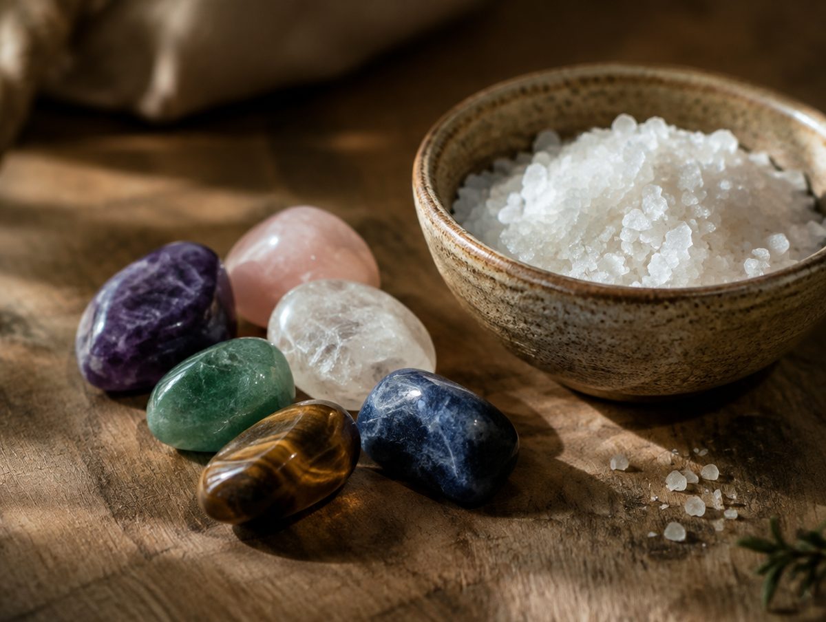 Tumbled crystals beside a small bowl of coarse sea salt