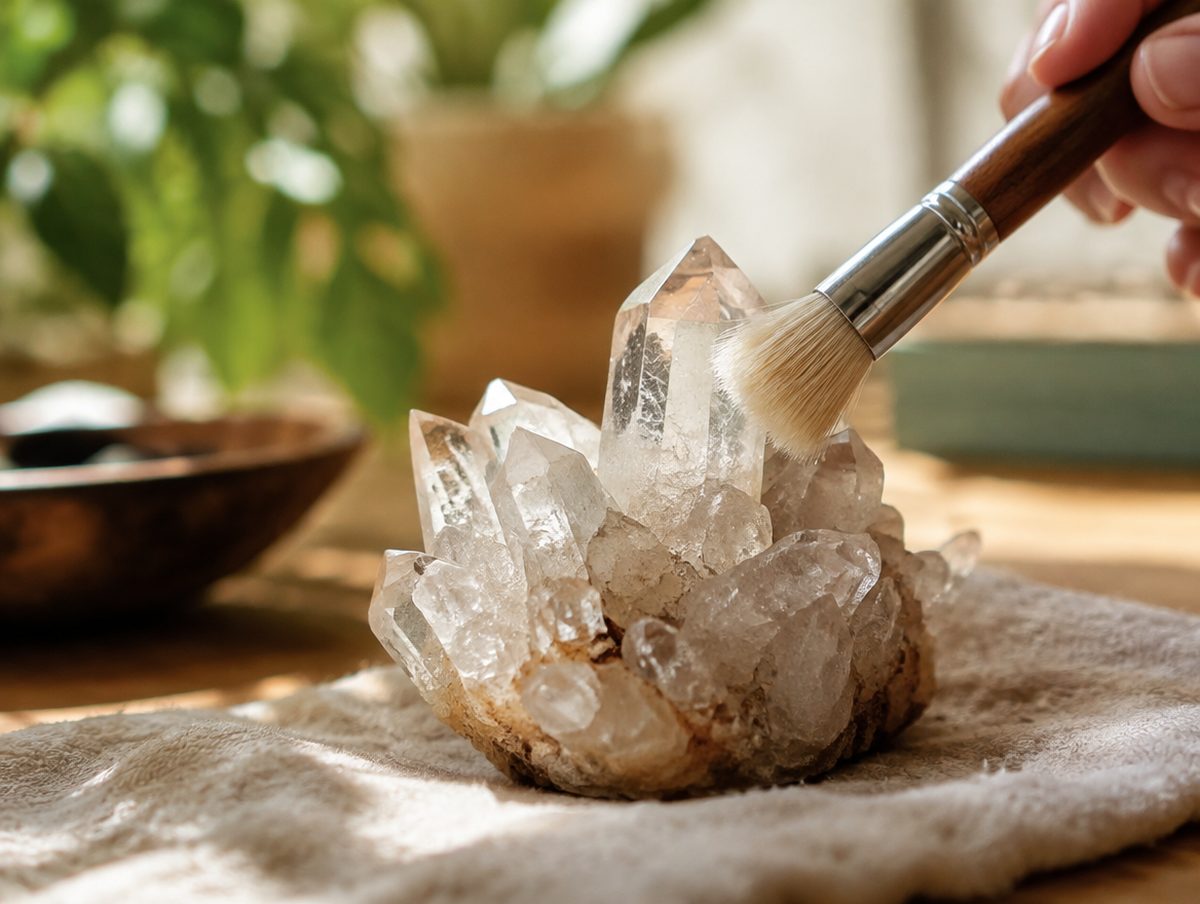 A soft brush gently cleaning dust from a quartz cluster