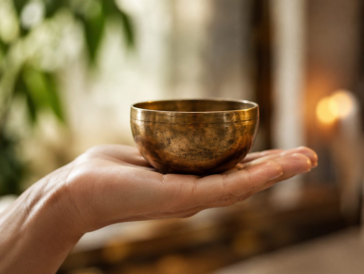 A small singing bowl balanced on the flat of an open palm