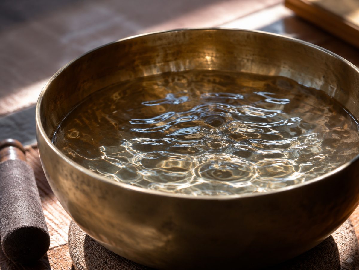 Water rippling and dancing inside a singing bowl
