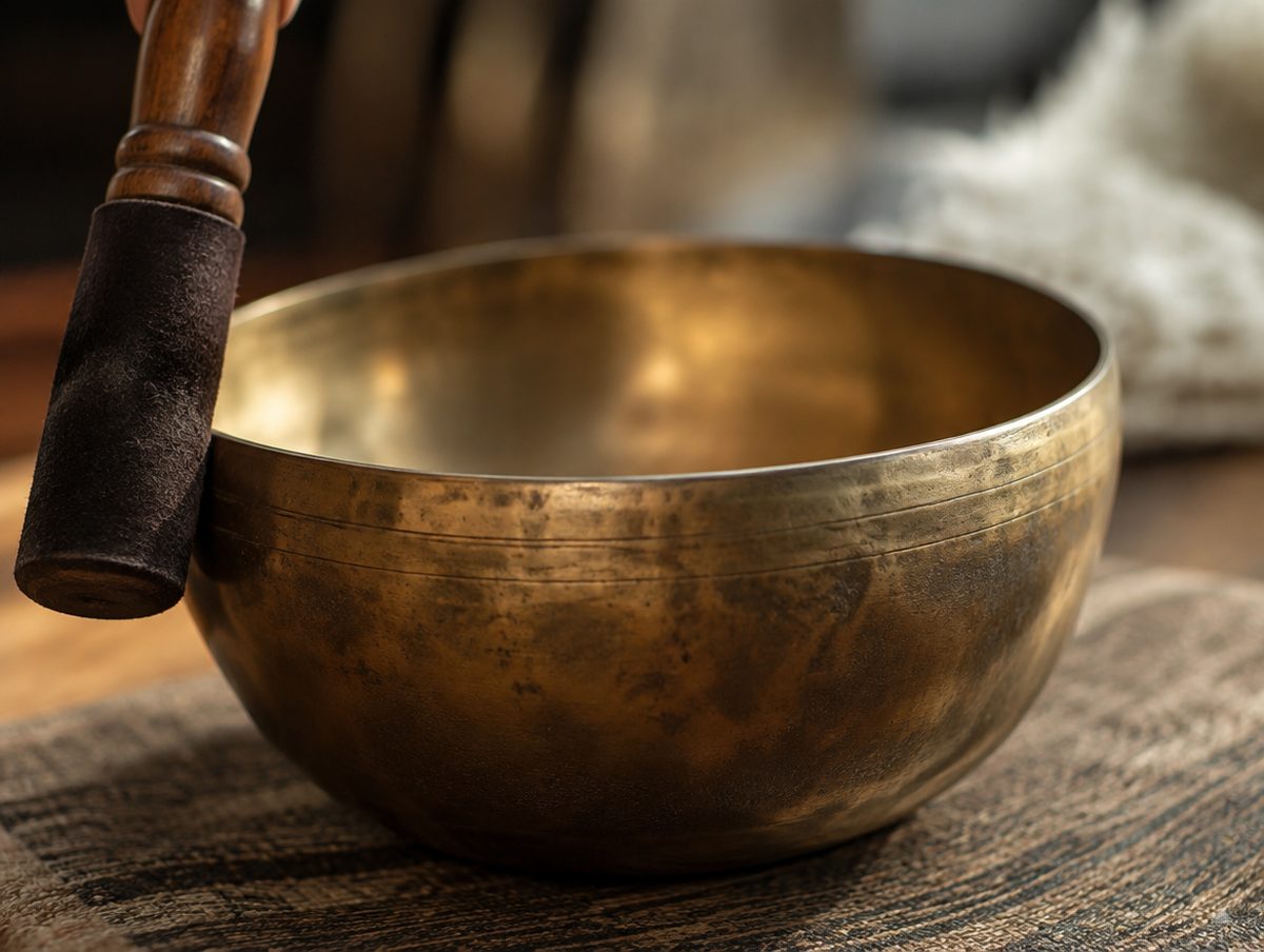 A wooden mallet circling the rim of a bronze singing bowl, close-up