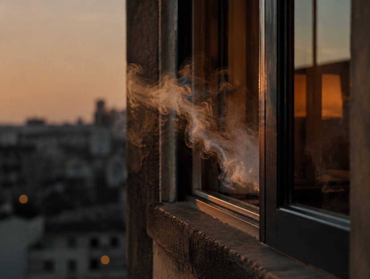 Soft smoke drifting out of an open window at dusk
