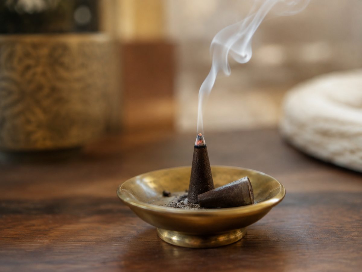 Incense cones burning on a small brass dish