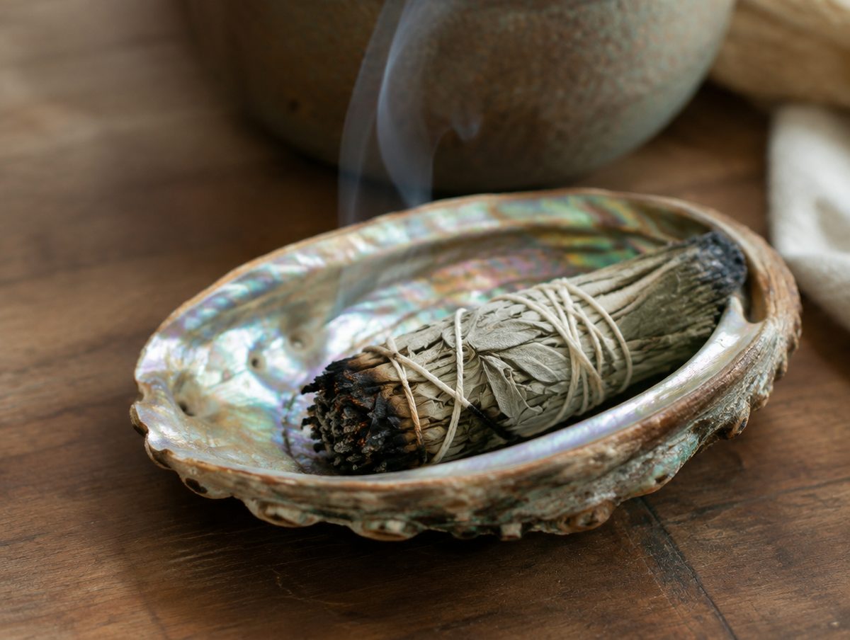 An abalone shell holding a smoldering sage bundle
