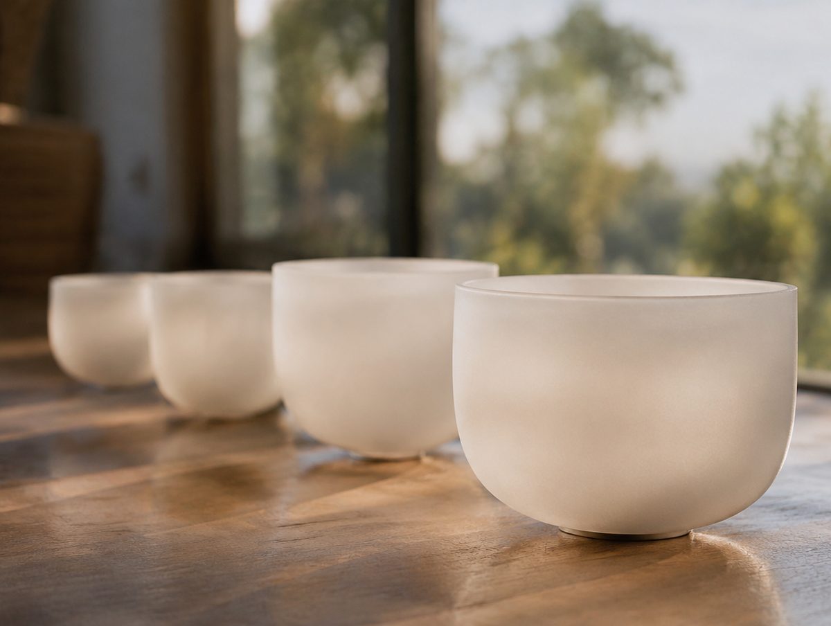A row of frosted quartz crystal bowls in graduated sizes