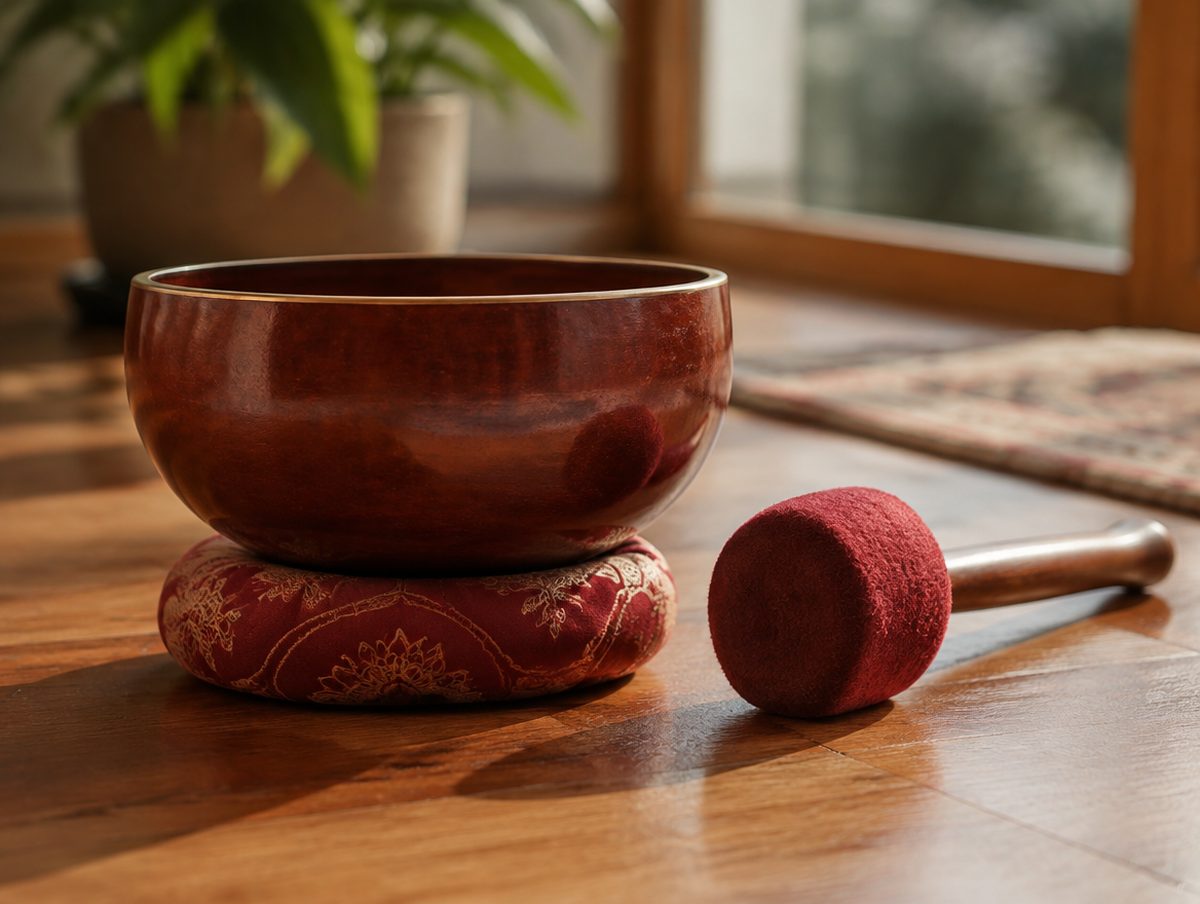 A red bowl cushion ring and suede mallet