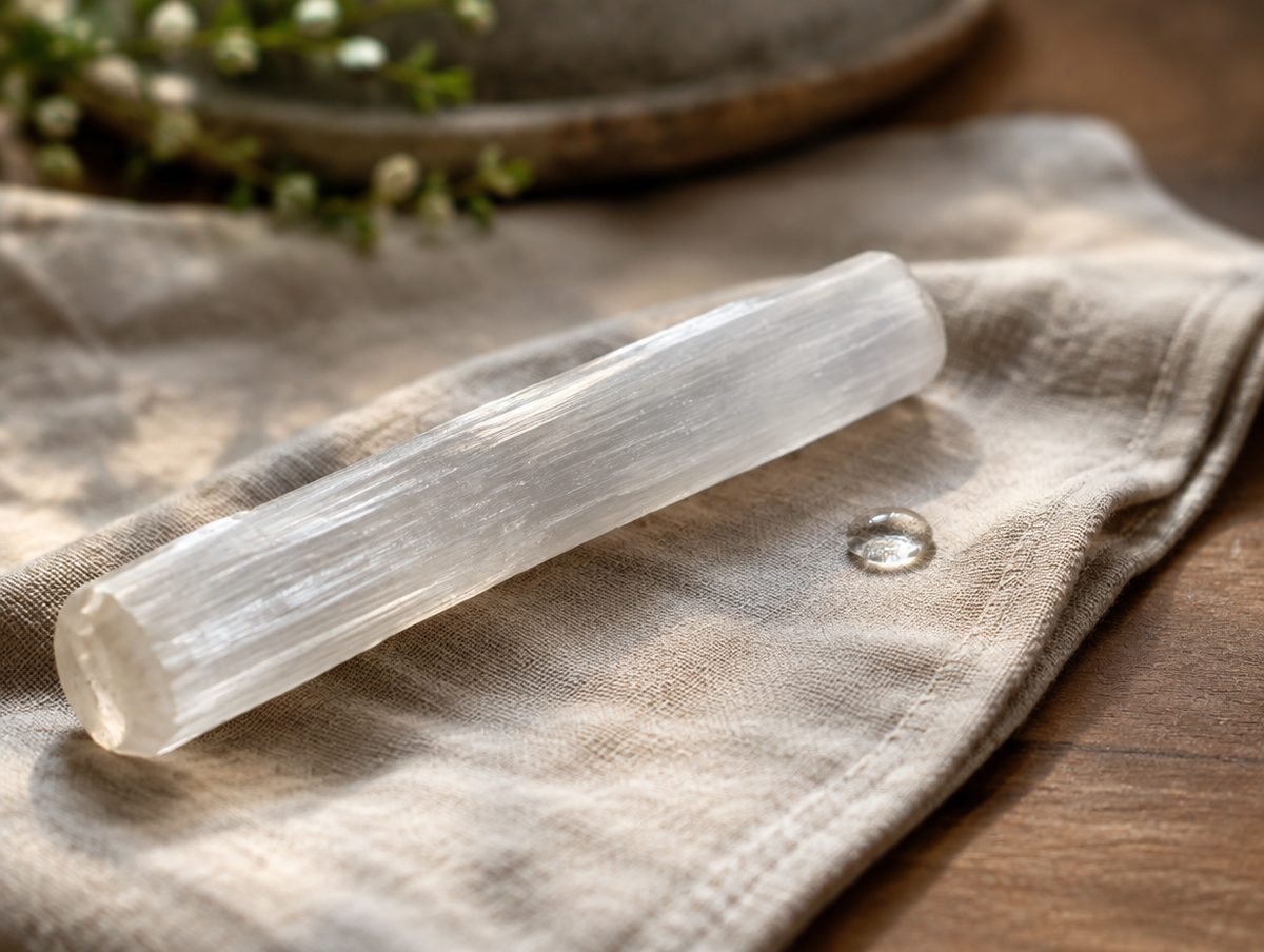 A selenite wand kept dry on a cloth beside a single water droplet