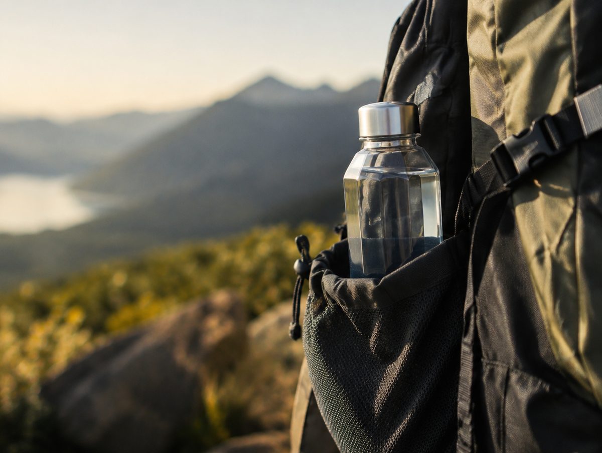 A sealed crystal water bottle in a hiking backpack pocket