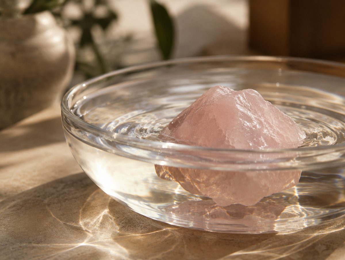 A rose quartz resting in a shallow glass bowl of water with ripples
