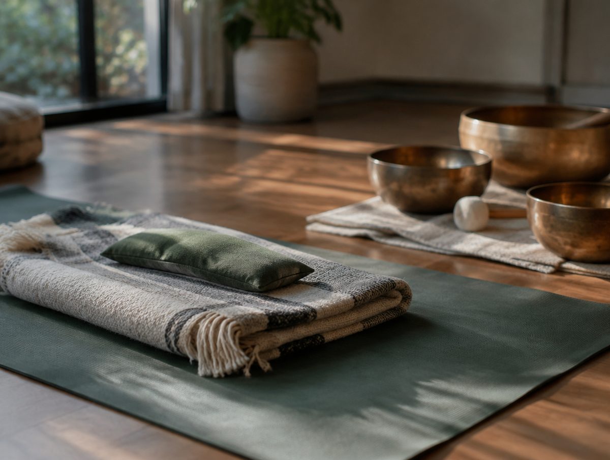 A yoga mat, folded blanket and eye pillow laid out for a sound bath