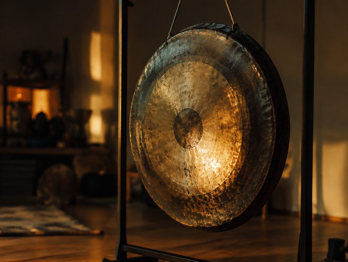 A large bronze gong in a dim studio with warm light