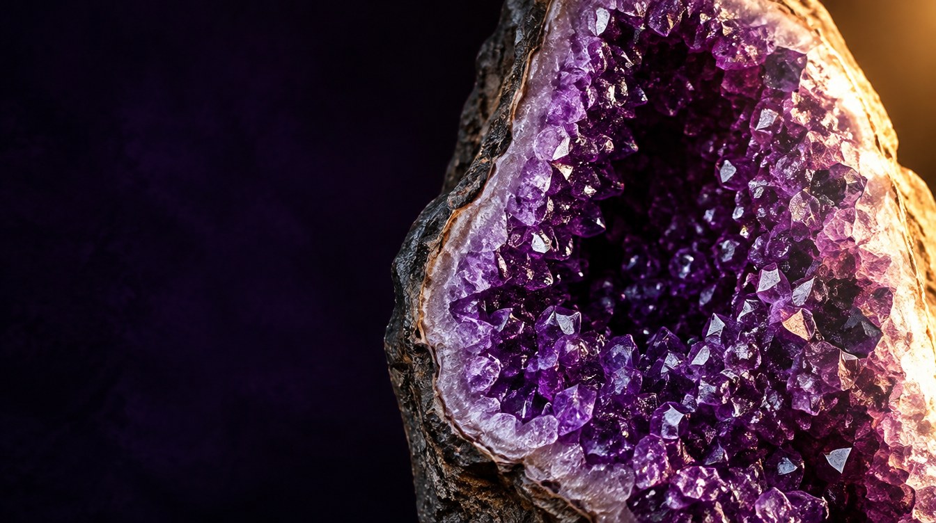 A giant amethyst geode split open, its violet crystals catching warm golden light