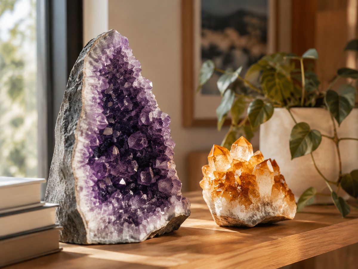 An amethyst cathedral and a citrine cluster on a sunlit shelf
