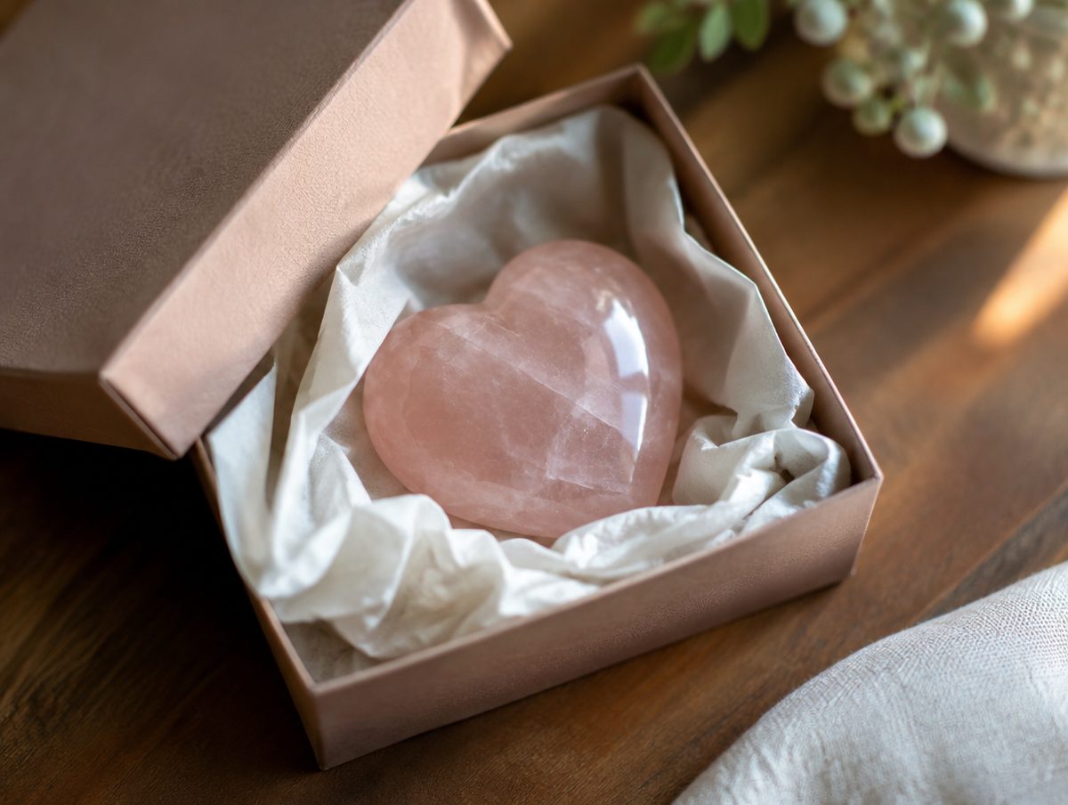 A rose quartz heart in an open gift box