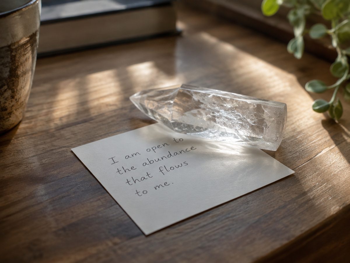 A handwritten intention card under a clear quartz point