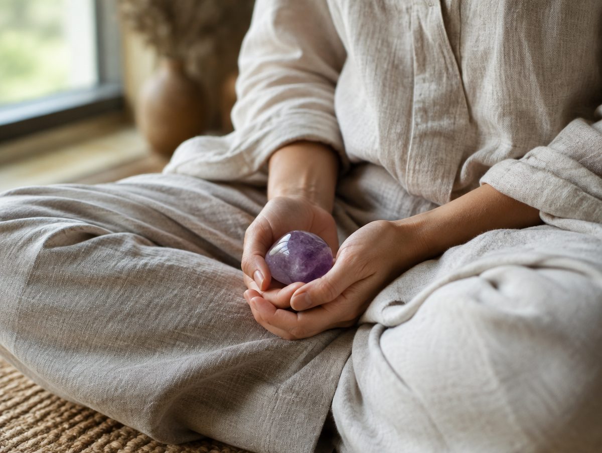 Hands resting in the lap holding a smooth amethyst