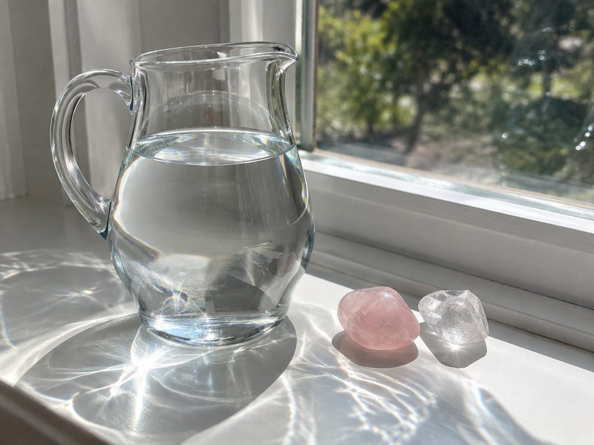 A glass pitcher of water on a sunny sill with rose quartz and clear quartz beside it